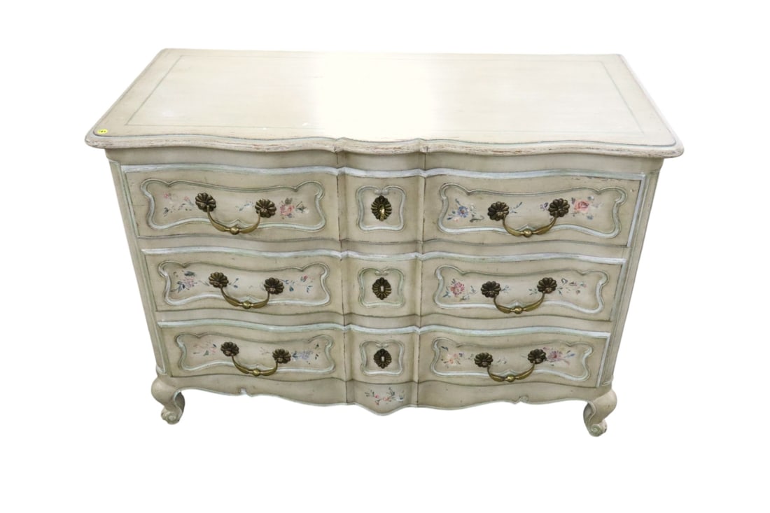Antique country French paint decorated chest w/key: Antique country French paint decorated 3 drawer chest with key, original paint, structurally sound has distress patina, hand dovetailed. 33.5"h x 47.5"w x 22.5"d