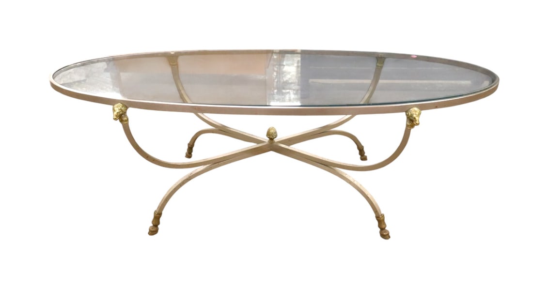VTG brush steel & GT w/brass rams heads/foot oval coffee table manner Jansen (1 of 6)