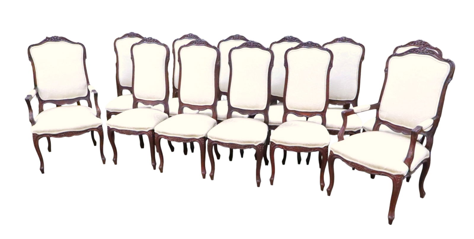 Fantastic set 12 FR carved mahogany dining chairs: Fantastic set of 12 French upholstered and carved mahogany frame dining chairs with sculptured upholstery, upholstery looks good, 2 arm chairs and 10 side chairs, original finish, structurally sound a