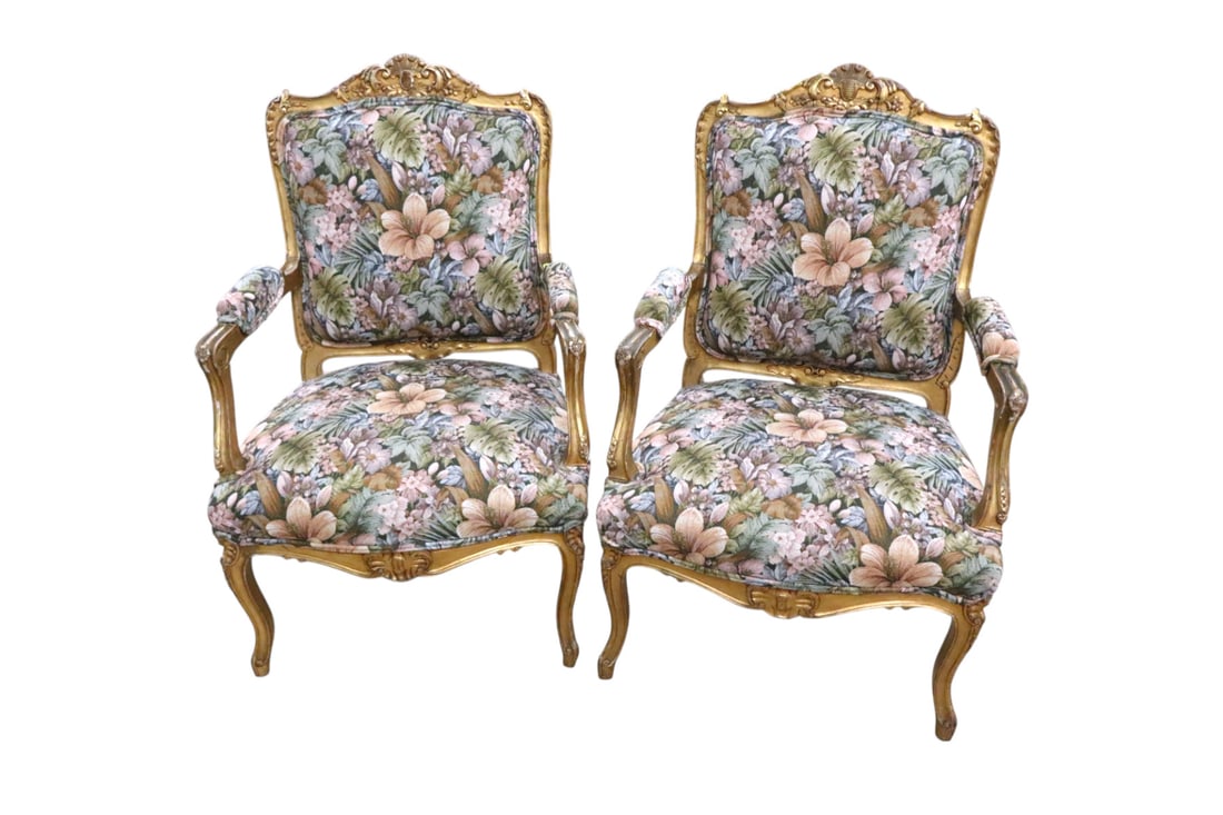 Pair FR semi antique carved upholstered arm chairs (1 of 5)