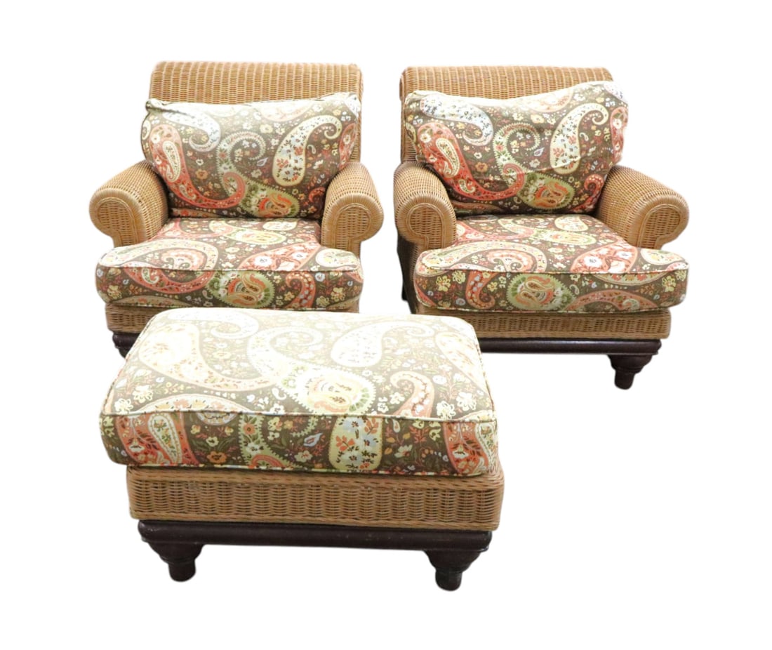 3pc Vtg Henry Link natural wicker arm chairs & ottoman: 3 piece Vintage Henry Link natural wicker arm chairs and ottoman on mahogany finish frame with needlepoint style upholstery with some sun fading, structurally sound and in good condition for age. Chai