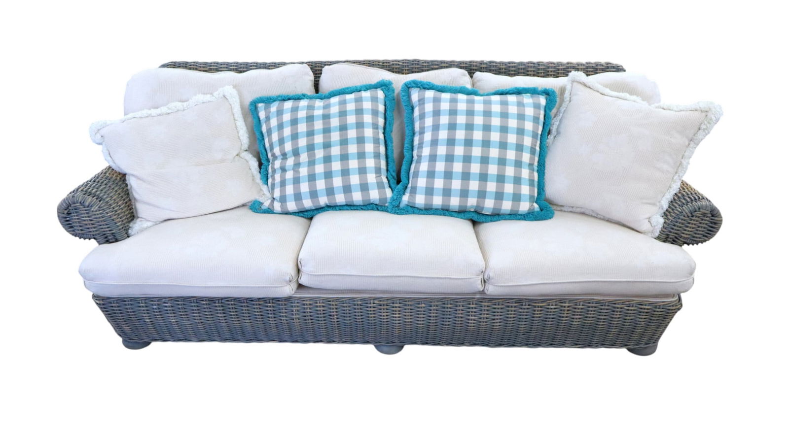 Quality natural wicker 3 cushion sofa match 214 & 215: Quality natural wicker in heavy construction 3 cushion sofa in gray weather distressed finish (match lot 214 & 215) high quality sculptured upholstery with pair of country seafoam blue and grey accent