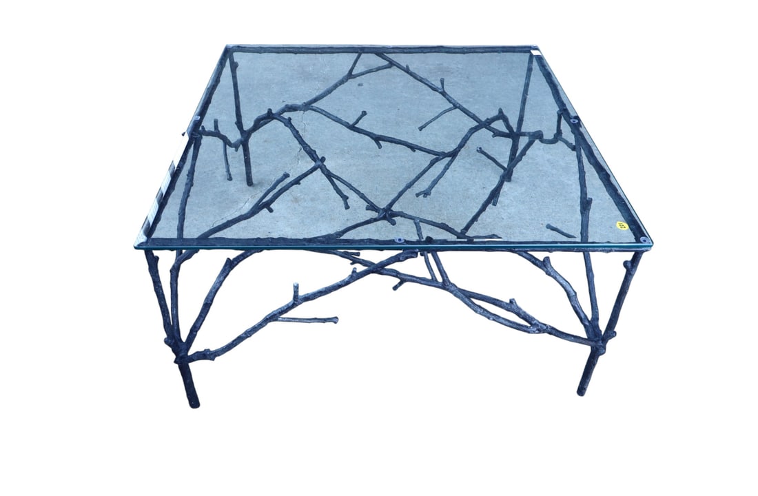 Mid Century metal tree branch glass top patio table: Mid Century metal tree branch glass top patio table in bronze finish, glass looks good structurally sound. 16"h x 30"w x 30"d