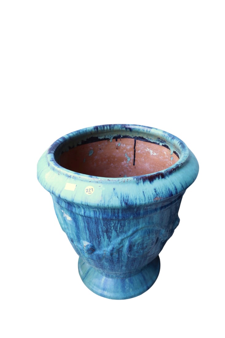 Glazed garden pottery planter in the bluish greens: Glazed garden pottery planter in the bluish greens, structurally sound. 19"h x 17" diameter