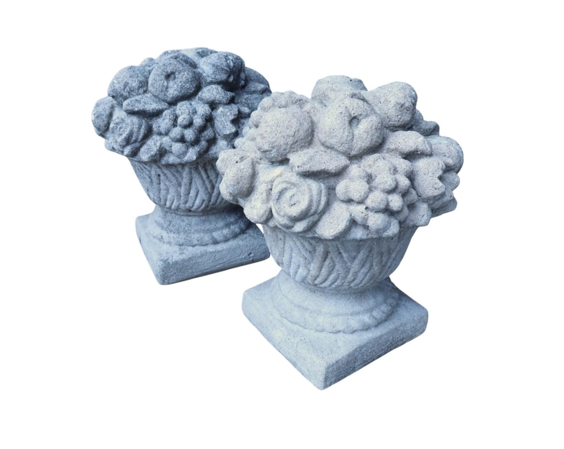 PR Vtg American concrete garden urns or finials: Pair of vintage American concrete garden urns or finials fashioned as baskets filled with fruit and flora (matches lot 227). Each 12"h x 11" diameter