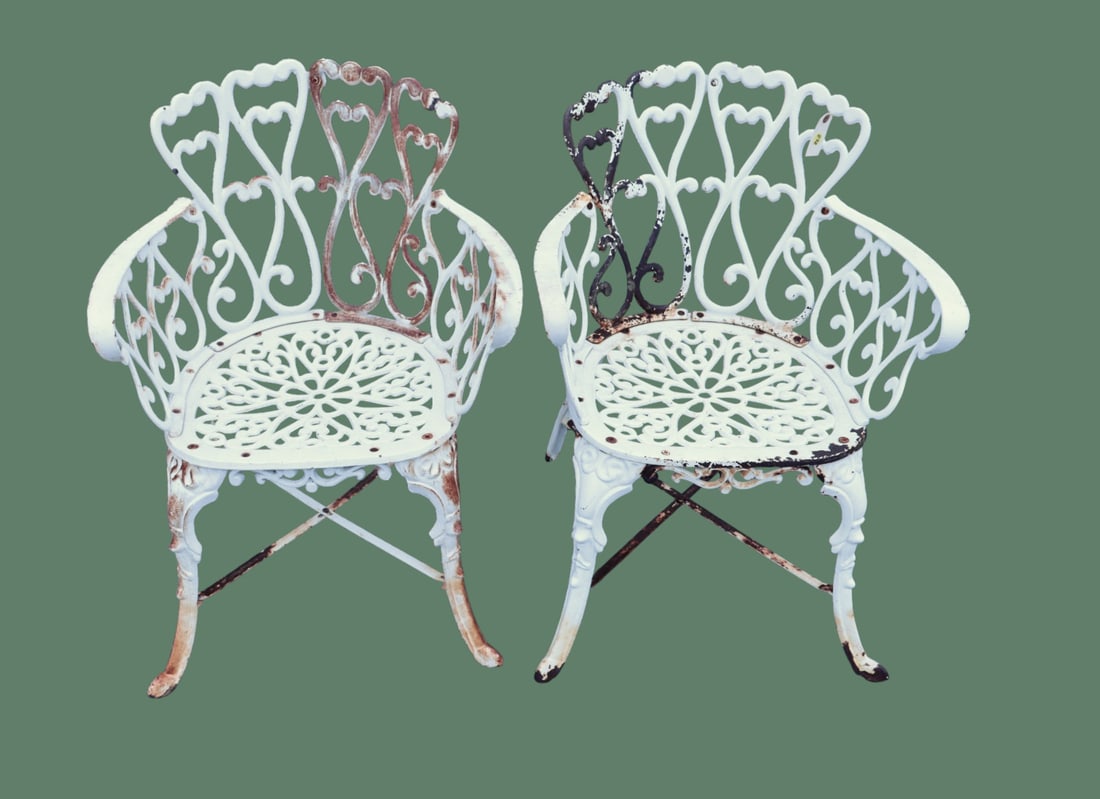 Pair of vintage cast iron garden chairs in white paint (1 of 5)
