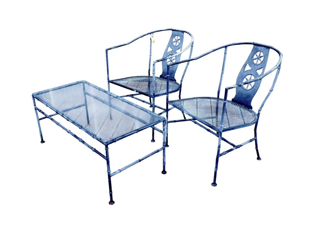 Vintage Asian inspired 3pc faux bamboo patio set: Vintage Asian inspired 3 piece cast aluminum in faux bamboo style patio set: 2 arm chairs and glass top coffee table, structurally sound and in good condition. Chairs 31"h x 24"w x 24"d seat height 16