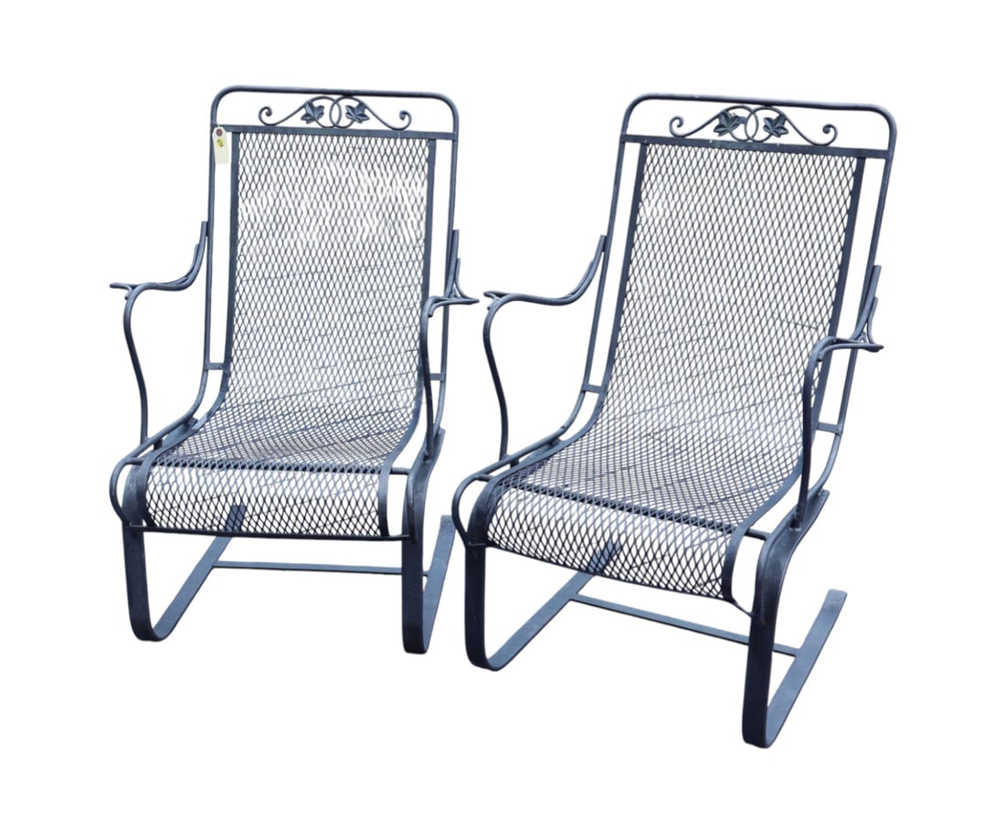 Vintage 2pc leaf decorations wire patio spring arm chairs: Vintage 2 piece leaf decorations wire patio spring arm chairs, structurally sound but there is a small hole in wire see photo. 38.5"h x 26.5"w x 26"d seat height 16.5"