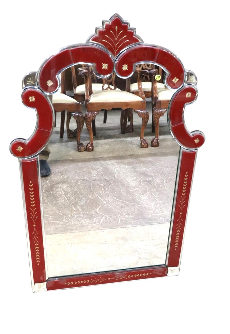 Vtg venetian decorator mirror with red glass trim: Vintage venetian decorator mirror with red glass trim, structurally sound and in good condition. 43"h x 28"w