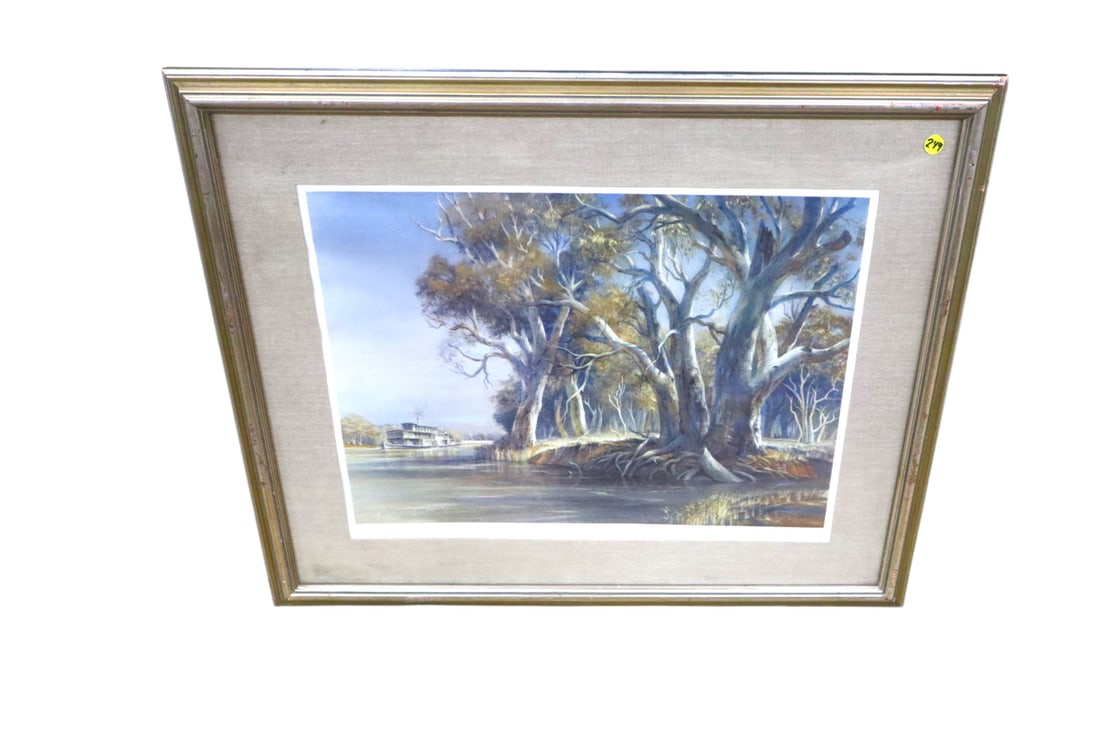 Vtg sg Kenneth Jack Along the river Murray with COA: Vintage signed Kenneth Jack "Along the river Murray" framed print with certificate of authenticity. 26.5"h x 32"w