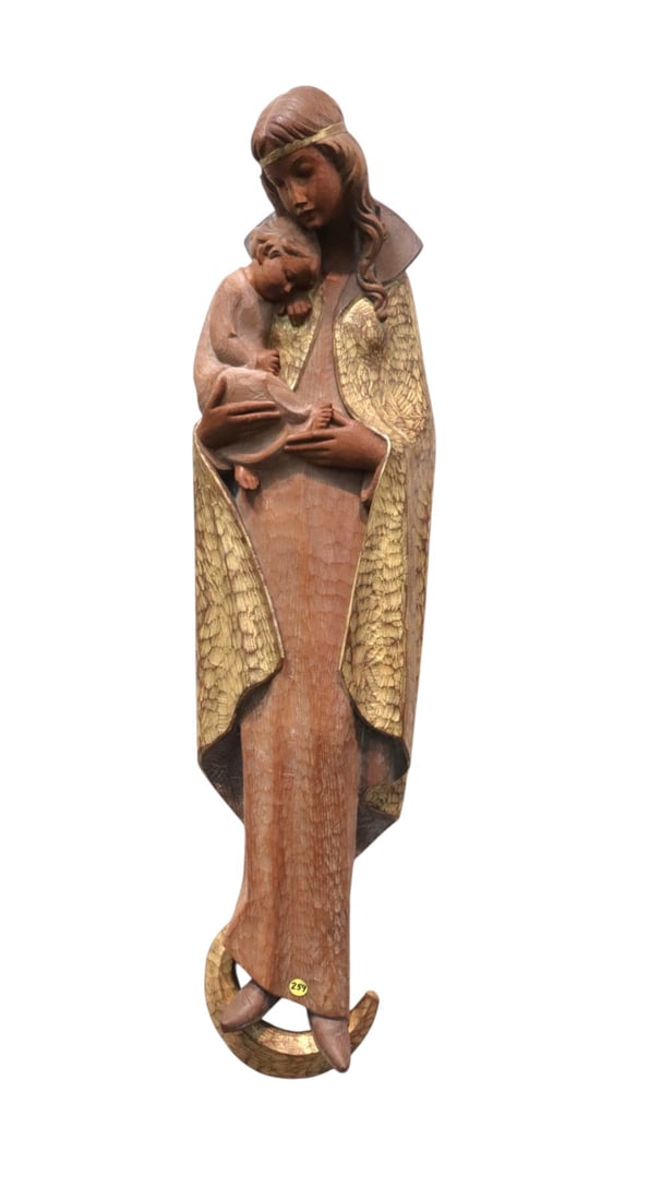 Antique hand carved Mother Mary w/Jesus wall art: Antique hand carved walnut Mother Mary with Jesus hanging wall art. 39"h x 10"w x 9"
