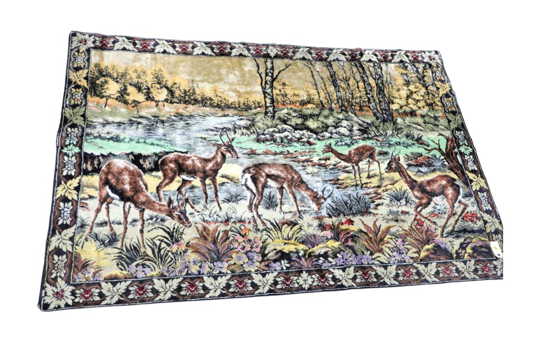 Mid Century ca.1970's 4 x 6 wall tapestry of deer: Mid Century ca.1970's silk style velvet 4 x 6 wall tapestry of deer in desirable bright colors, some frying on edge.