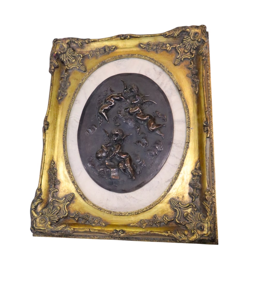 Framed cherubs bronze plaque on marble sg Leon Bertaux (1 of 7)