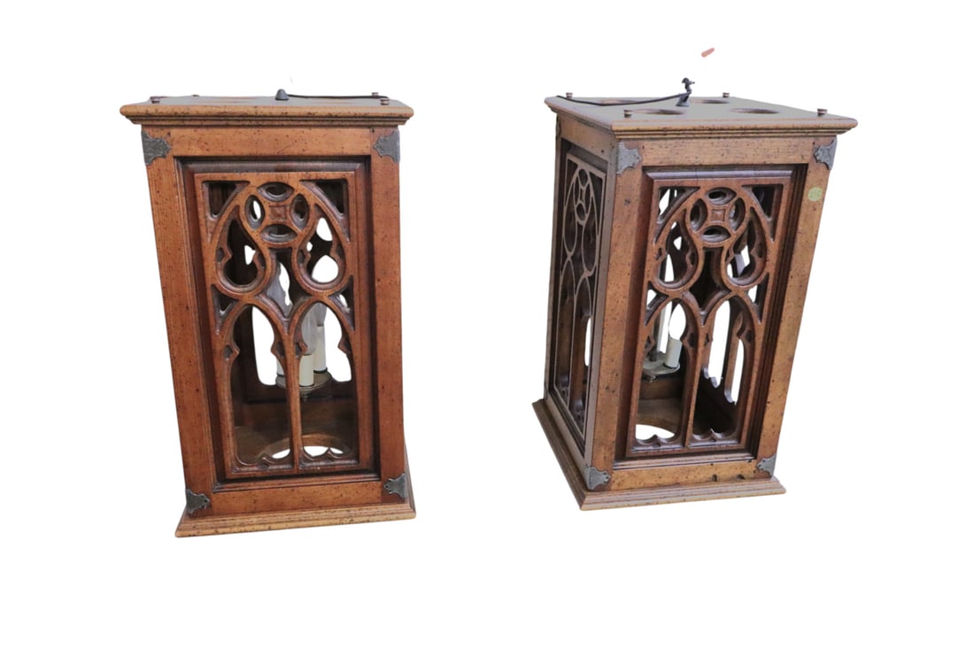 Pair MCM hanging wall fixtures in pecan walnut finish: Pair of mid century modern hanging wall fixtures in pecan walnut finish, working, structurally sound and in good condition. 23"h x 13.5" x 13.5"