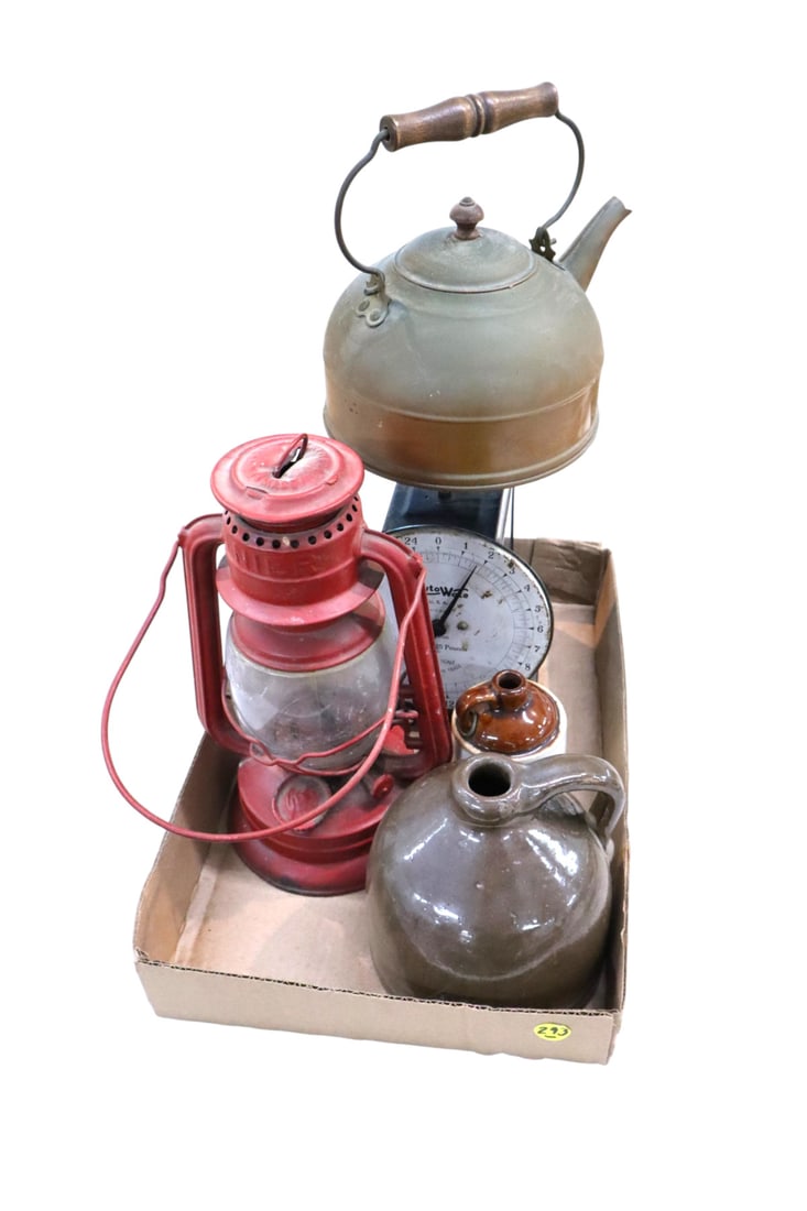 Stoneware jugs, kerosene barn lantern, copper teapot & scale: 5 pieces: 2 stoneware jugs, kerosene barn lantern, copper teapot & scale
