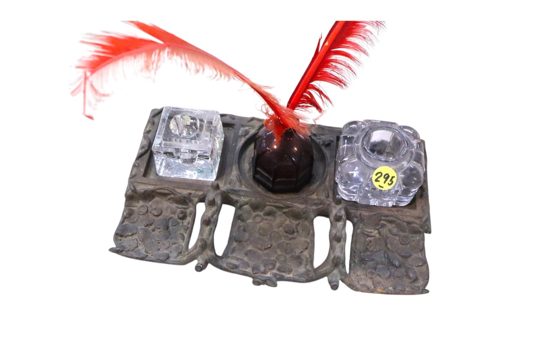 Antique desk top ink well w/mix match glass ink wells: Antique desk top ink well with mix match glass ink wells