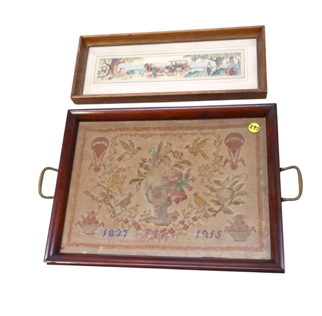 Antique needlepoint sampler dated 1837 to 1915 w/print: Antique needlepoint sampler dated 1837 to 1915 with print