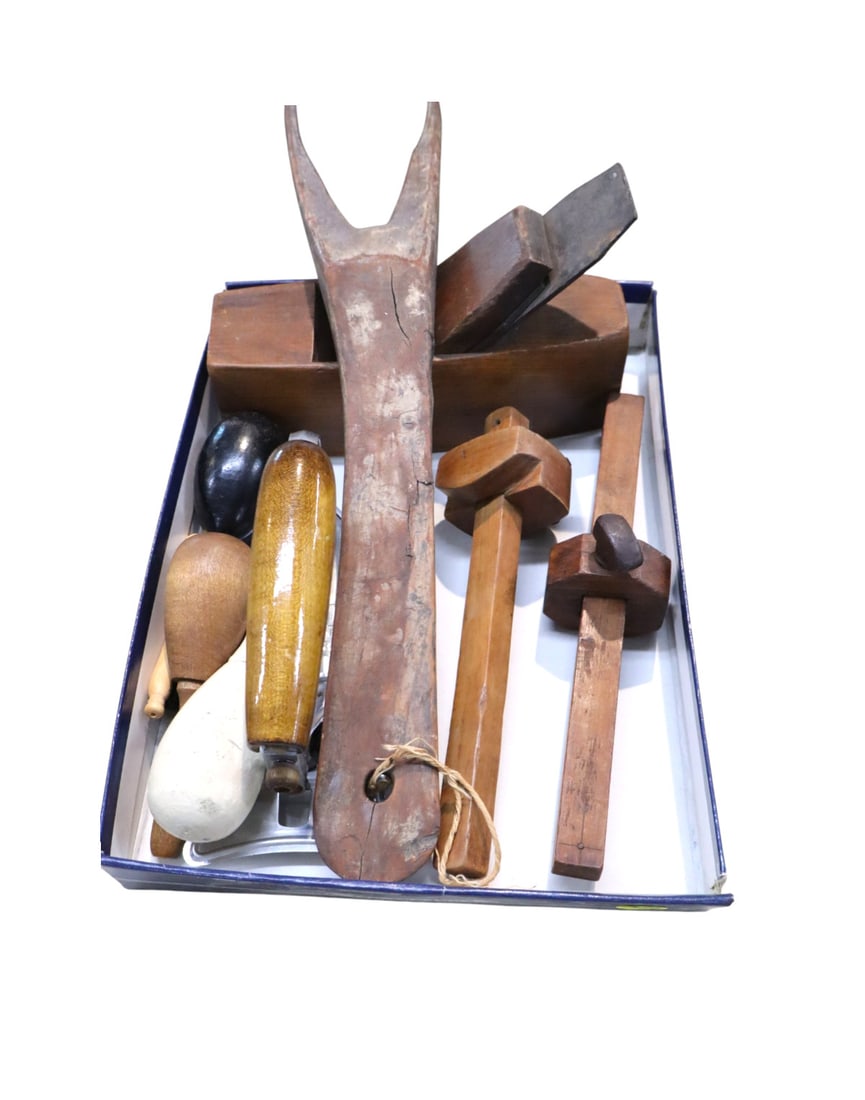 Mix antique tools, sewing darners, iron, boot jack: Mix lot of antique tools, sewing darners, iron, boot jack