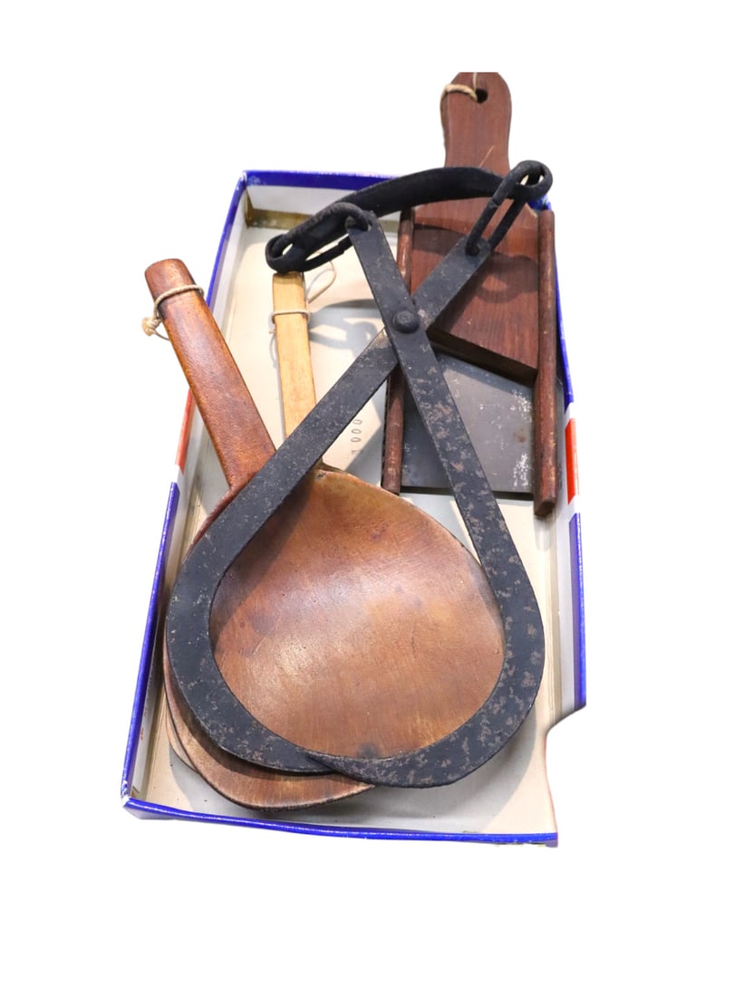 Antique wooden spoons, ice tong and slaw cutter: 4 piece lot: 2 antique wooden spoons, ice tong, slaw cutter