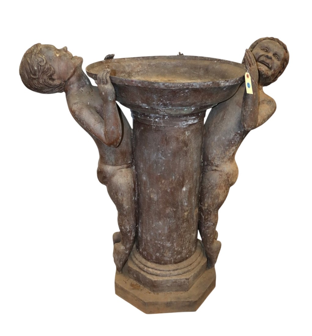 20thC bronze bird bath - roman column and children: 20th century bronze bird bath with roman column and children, it is weathered and has patina, no signature found, structurally sound. 43"h x 41"w x 24"d, base is approximately 19" diameter
