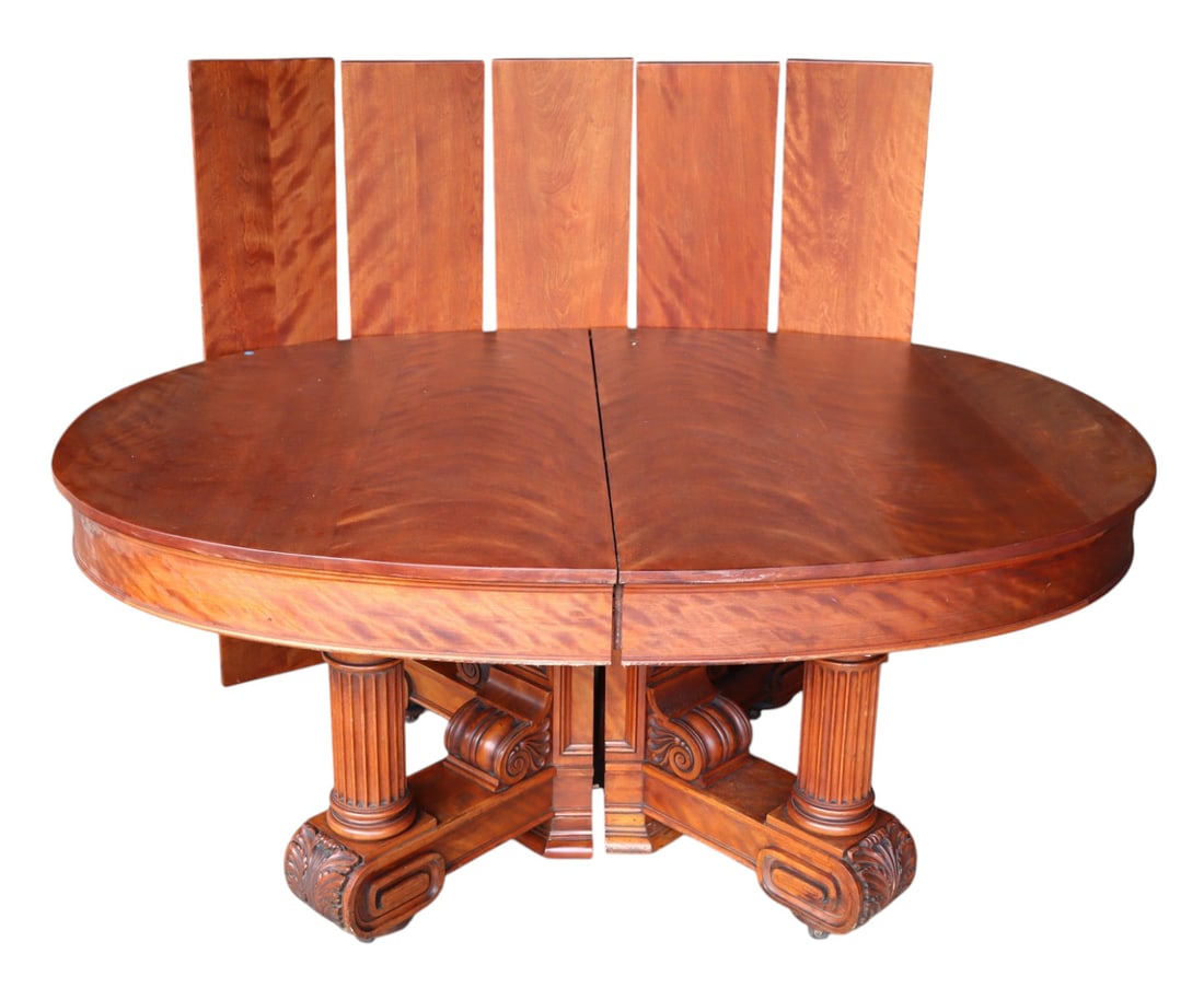 Antique oval flaming birch & mah dining table w/5 leaves (1 of 6)