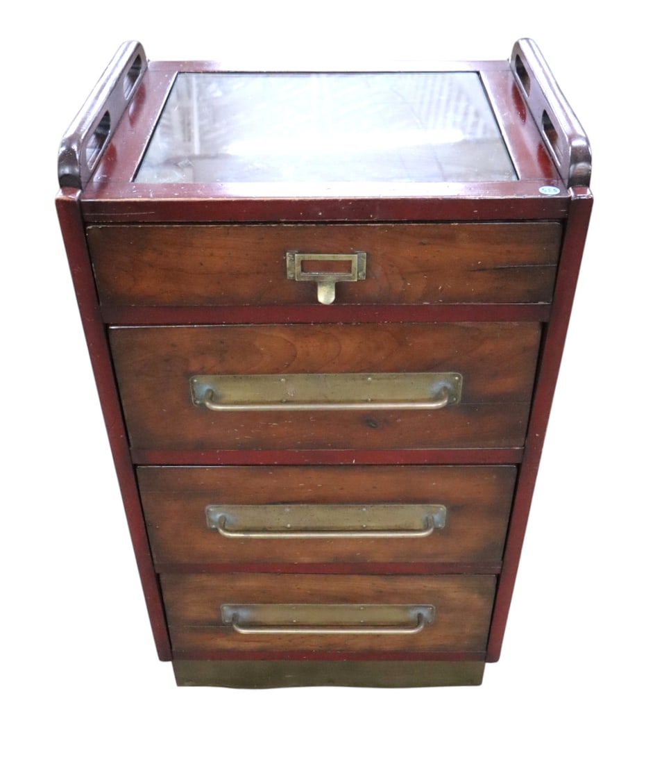Per Mare-Per Terram Land & by Sea commercial chest: Per Mare-Per Terram by Land & by Sea commercial style 4 drawer handled chest with glass top in red and natural mahogany finish, original finish, structurally sound and in good condition. 33"h x 20"w x