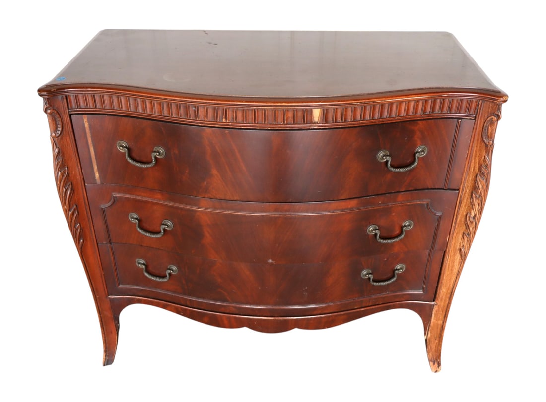 Vintage burl mahogany 3 drawer chest - orig. finish: Vintage burl mahogany 3 drawer chest, original finish, structurally sound, needs tlc see photos. 33.5"h x 38.5"w x 19.5"d