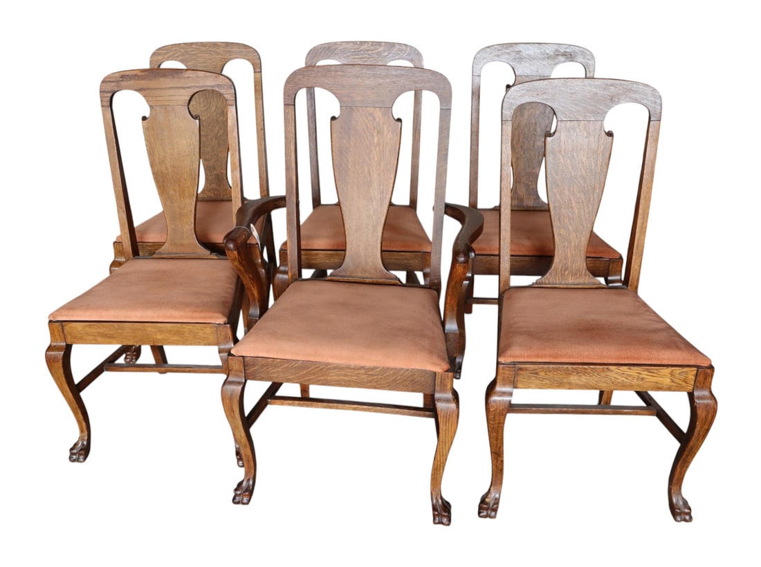 Set 6 antique match set oak claw foot dining chairs (1 of 5)