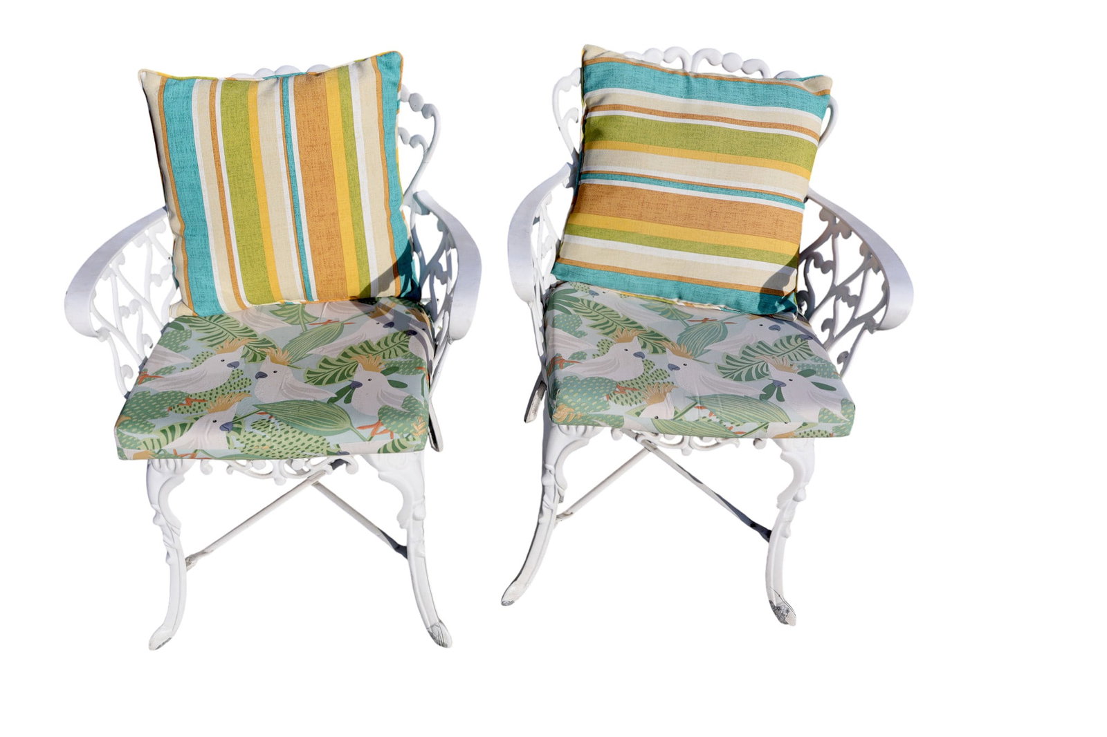 Vintage PR cast aluminum white arm chairs with cushions & pillows (1 of 7)