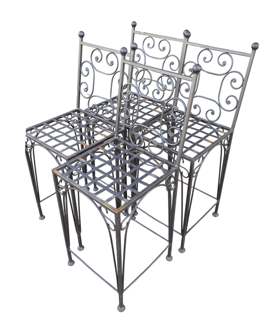 Set of 4 iron stools: Set of 4 iron stools, structurally sound and in good condition but couple stretchers need to be repaired, but usable. 43"h x 16"w x 16"d seat height 26"