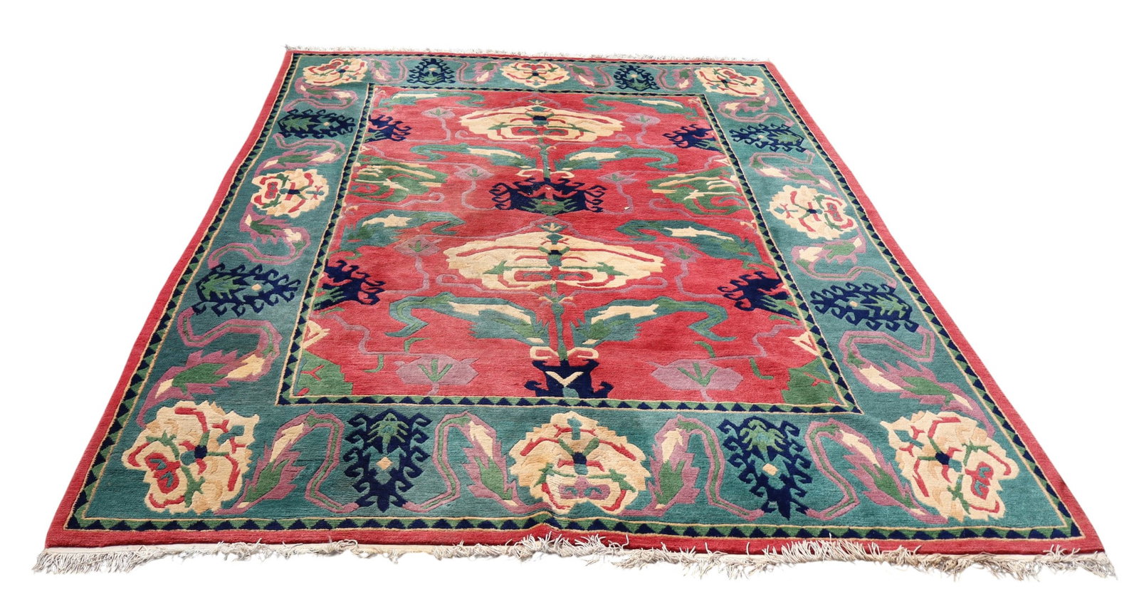 Vtg Tibetan hand knotted Kingdom Nepal wool rug 11.7 x 8.5: Vintage Tibetan hand knotted Kingdom of Nepal wool rug in an Aztec design has tag, no rips or stains seen, needs vacuumed. 140"l x 102"w