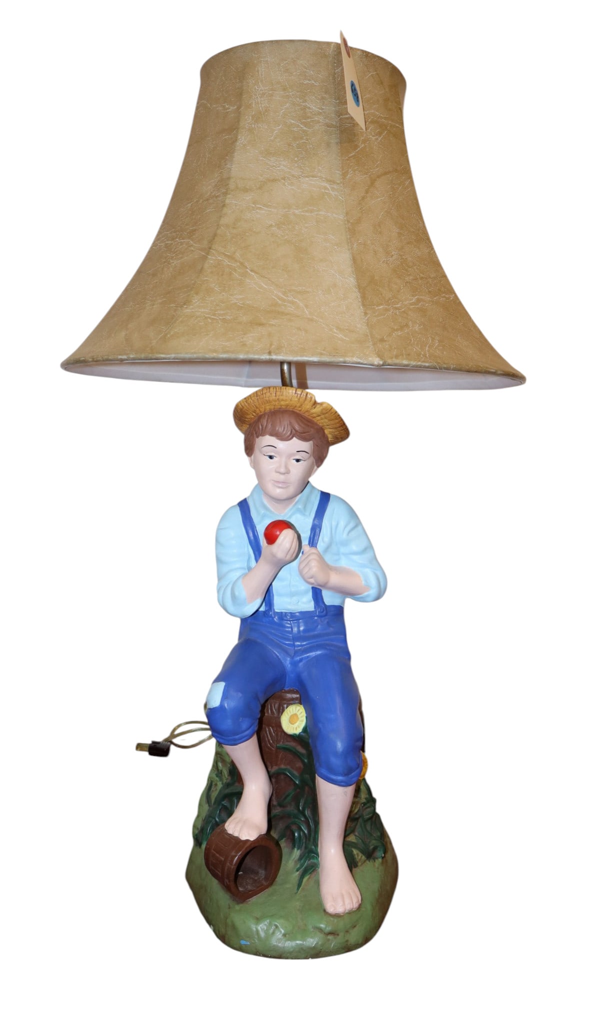 Vtg Holland Mold lamp boy sitting on keg eating apple: Vintage Holland Mold plaster lamp of boy sitting on keg eating apple. Lamp 27"h x 7"w x 10"d, Shade 16" diameter x 11"h