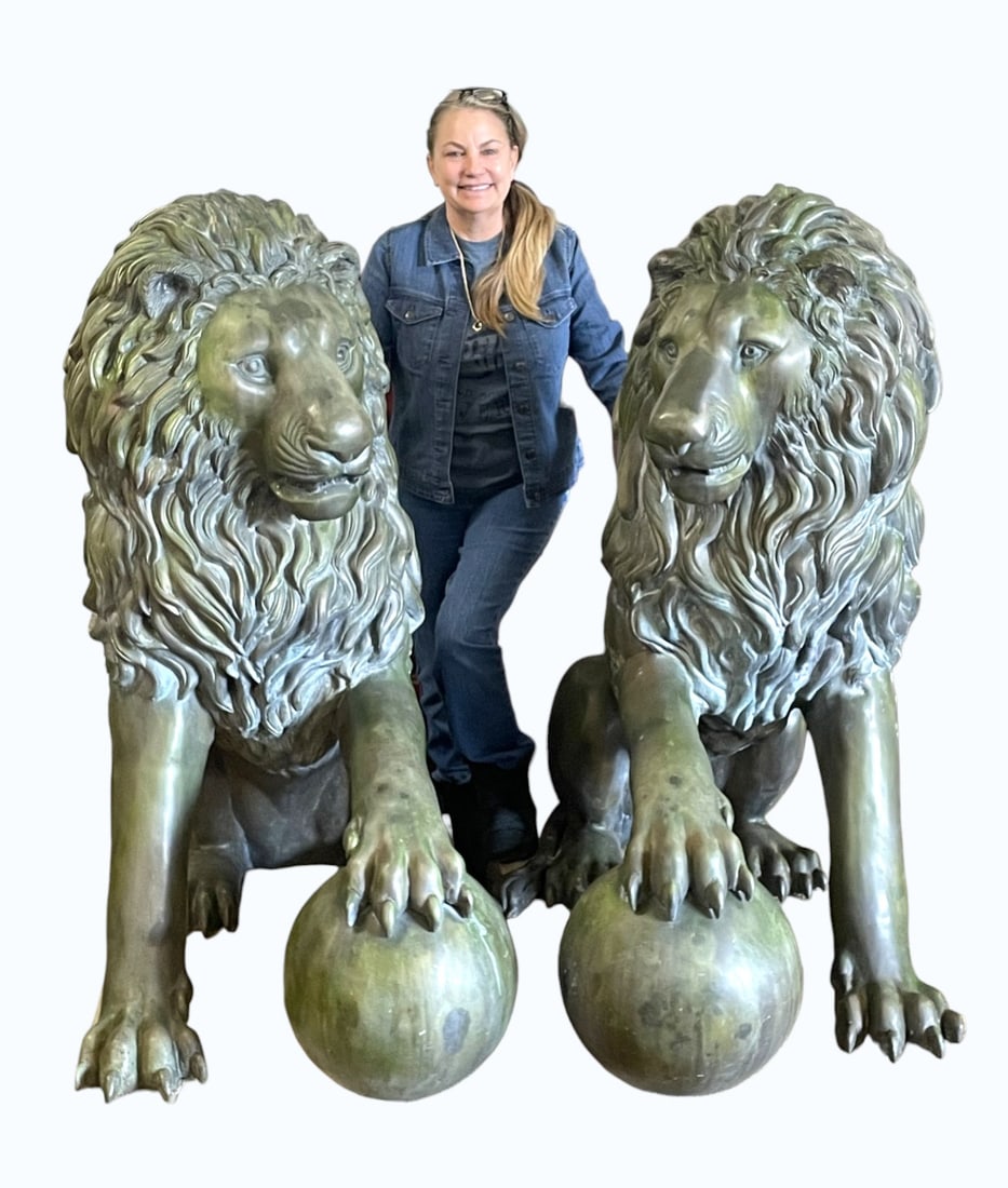 Impressive PAIR Life-Size Bronze Lions: Impressive PAIR of life size bronze sitting lions, match pair left and right, highly detailed, they do have patina and age. Each 49"h x 53"l x 27"w