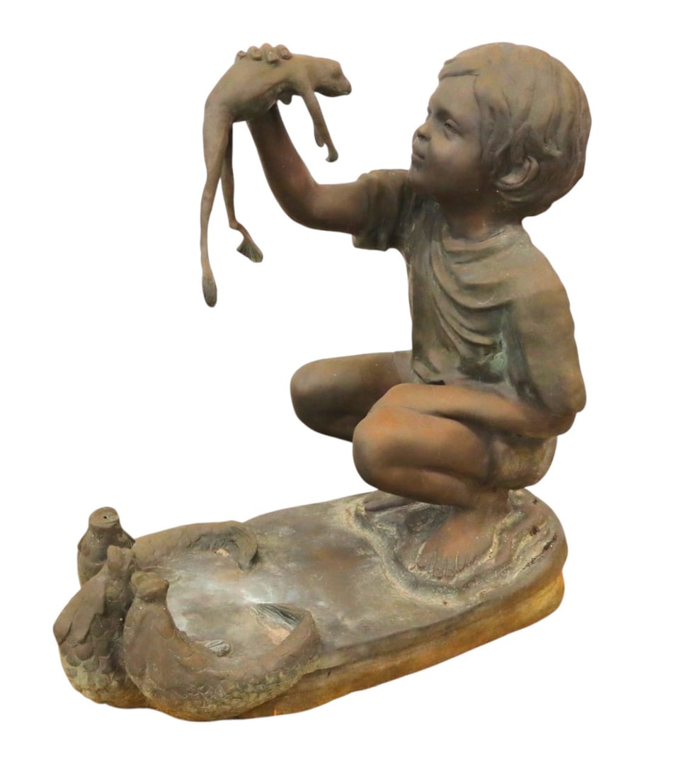 20thC bronze life-size children w/puppy on bench: 20th Century patinated bronze boy with frog and 3 fish spitter fountain signed E Labroue, does show age. 28.5"h x 28.5l x 12.5"w