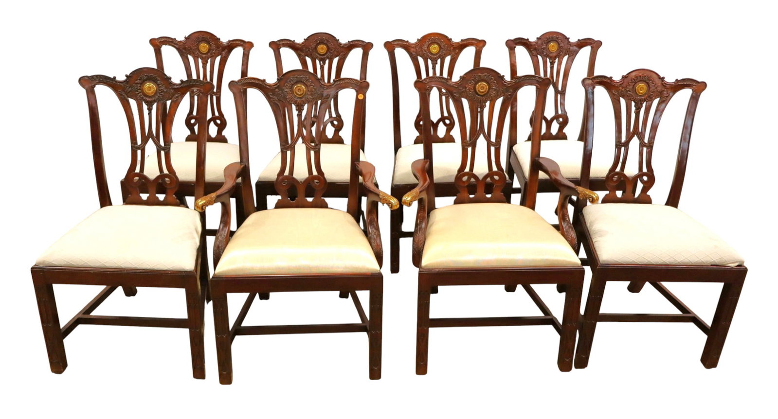 Fantastic set 8 Maitland Smith medallion inlaid dining chairs: Maitland Smith fantastic set of 8 dining chairs solid mahogany with bronze medallion accents front and back, high end models, upholstered seats look good with some slight staining on some, original fi