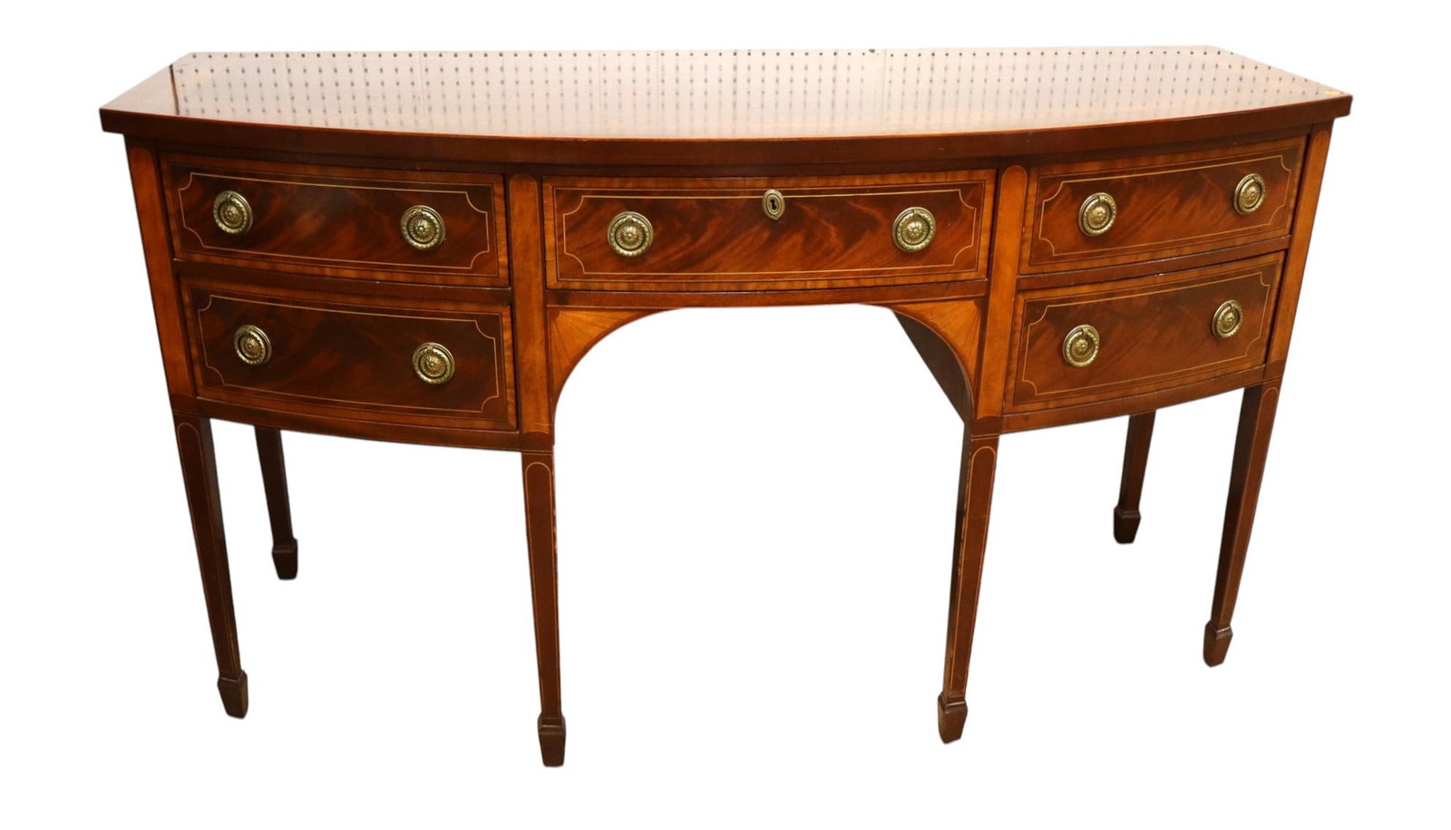 Baker Charleston collection spade foot buffet: Baker Furniture Charleston Collection banded and inlaid burl mahogany bow front spade foot buffet, flatware insert, original finish, structurally sound and in good condition with slight wear on top. 3