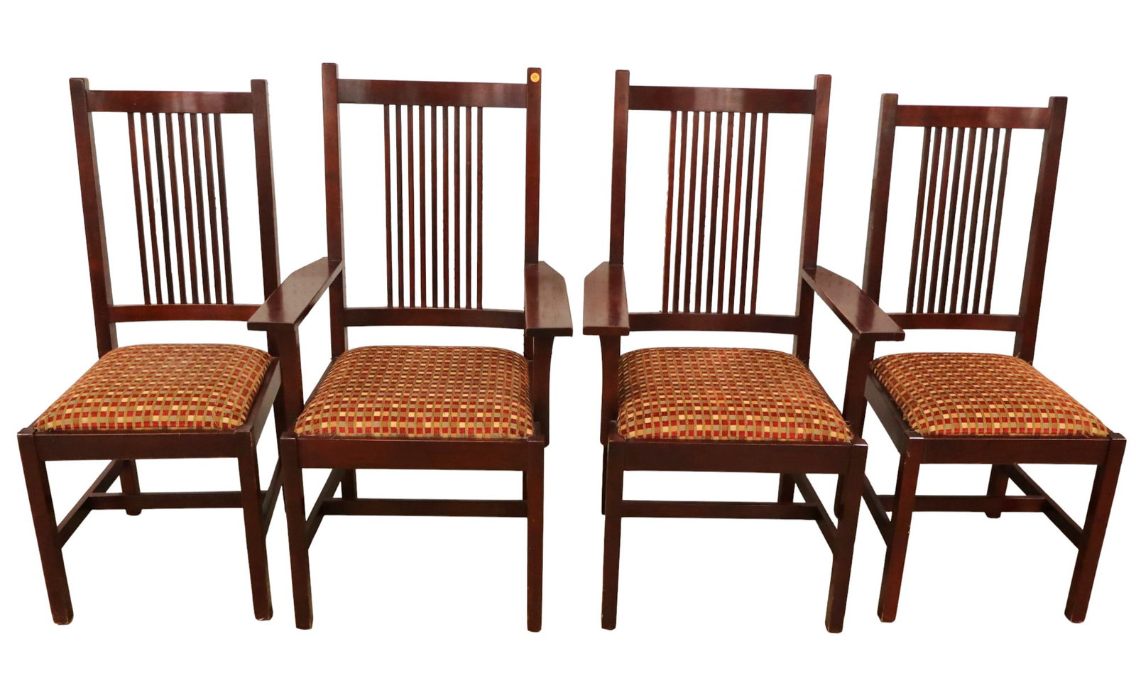 Stickley set 4 cherry arts and crafts chairs: Stickley set of 4 solid cherry chairs in arts and crafts style with upholstered seats, original finish, structurally sound and in good condition. 2 Arm chairs 42"h x 24.5"w x 19.5"d, 2 Side chairs 40.