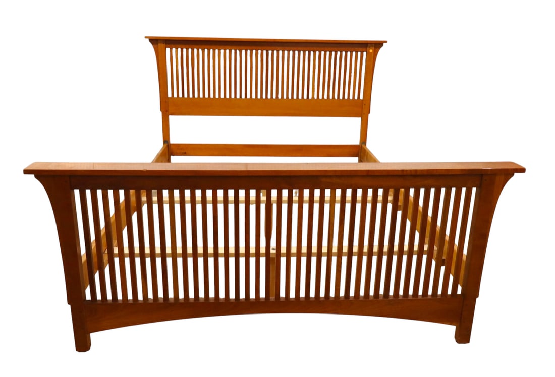Stickley Harvey Ellis arts and crafts style queen bed: Stickley Harvey Ellis Collection queen size cherry arts and crafts style bed, complete with bed rails and original slats, original finish, structurally sound and in good condition but has ding in foot