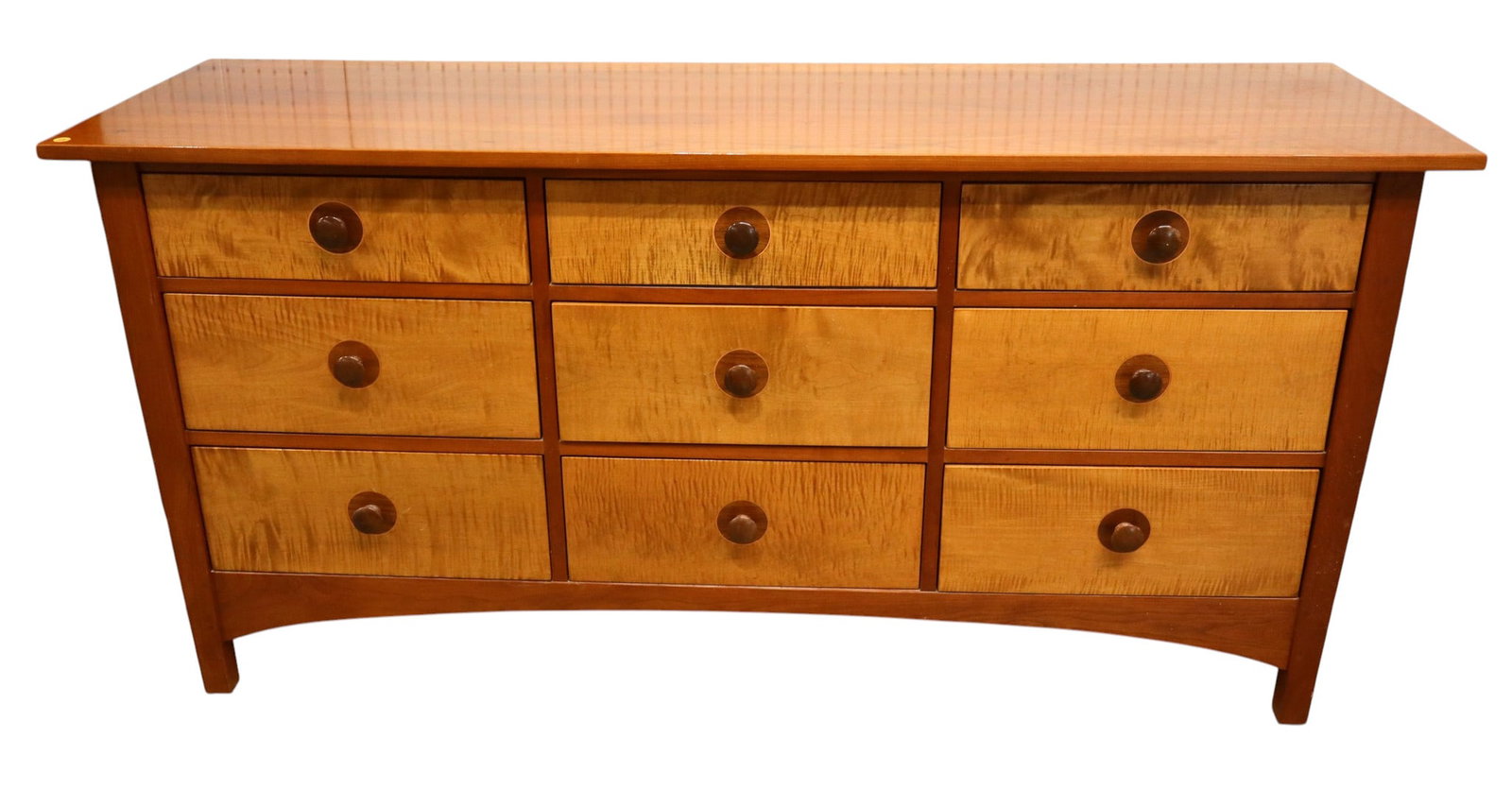 Stickley Harvey Ellis arts and crafts style dresser: Beautiful Stickley Harvey Ellis Collection cherry and tiger maple 9 drawer dresser, arts and crafts style, original finish, structurally sound and in good condition with slight wear on top. Matches lo
