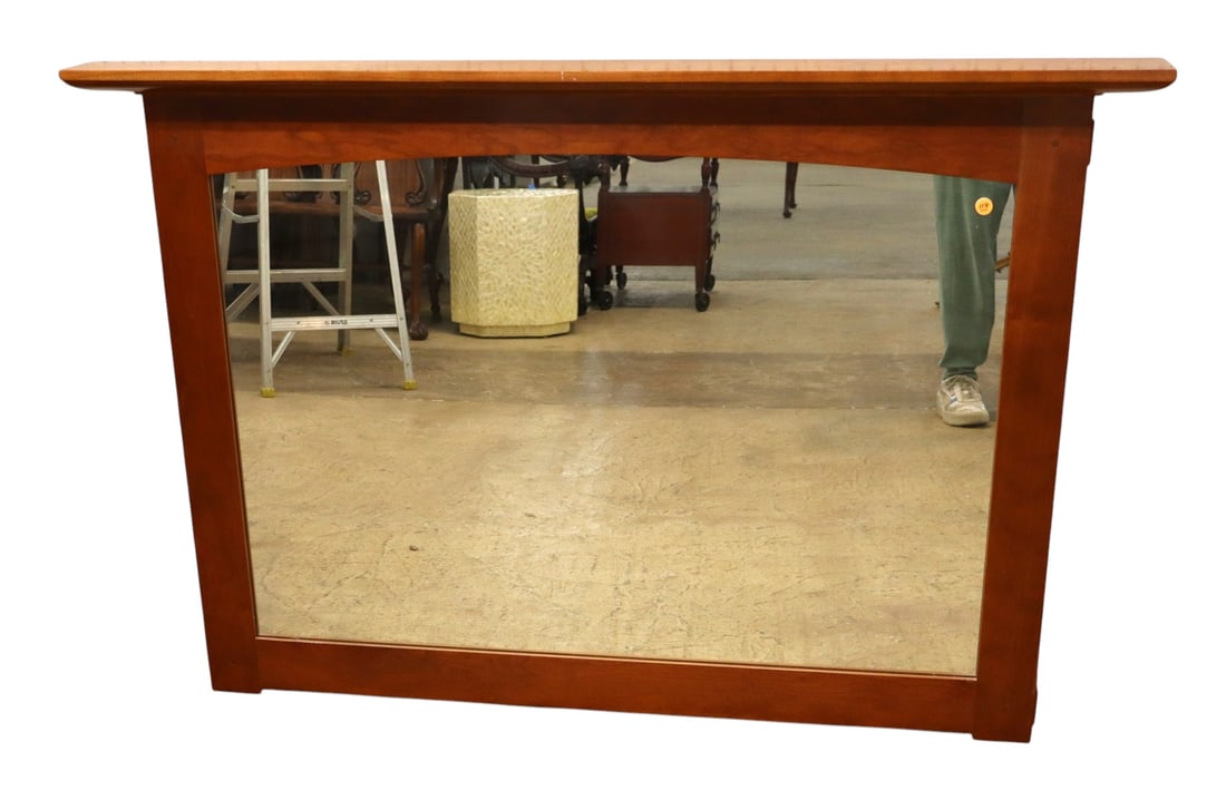 Stickley Harvey Ellis arts and crafts style mirror: Beautiful Stickley Harvey Ellis Collection cherry mirror, arts and crafts style, original finish, structurally sound and in good condition. Matches lots 117 118 120 121. 35"h x 50.75"l x 4"d