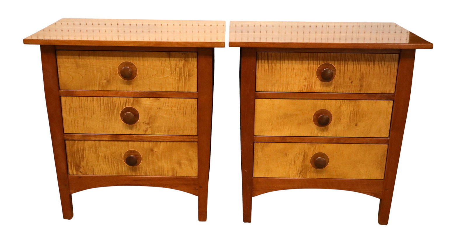 RARE pair Stickley Harvey Ellis arts and crafts nightstands: RARE pair of Stickley Harvey Ellis Collection solid cherry and tiger maple arts and crafts style 3 drawer nightstands, original finish, structurally sound and in good condition with slight wear on top