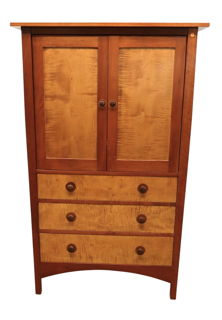 Stickley Harvey Ellis arts and crafts media cabinet: Stickley Harvley Ellis Collection solid cherry and tiger maple 2 door 3 drawer arts and crafts style media chest, original finish, structurally sound and in good condition. Stickley does sell a conver