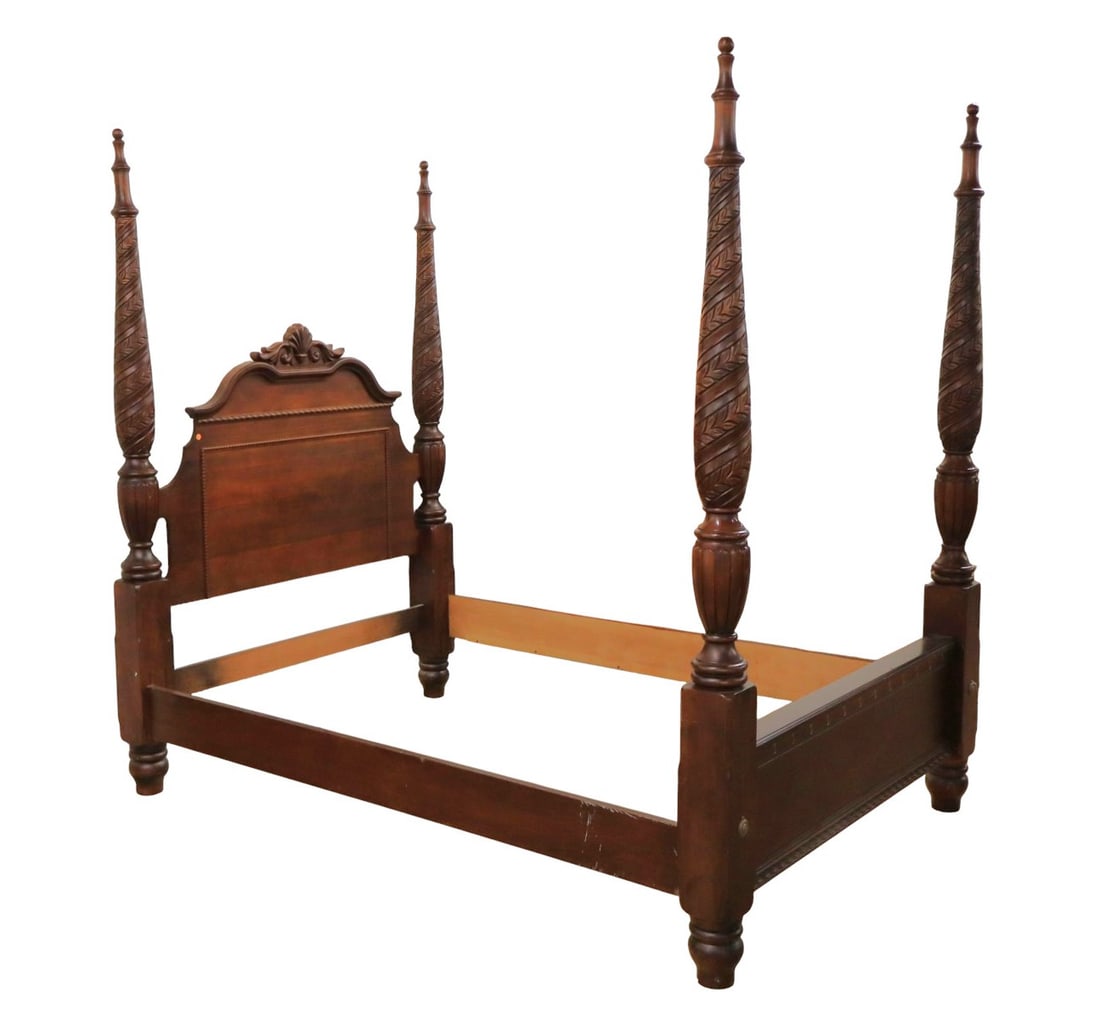 Impressive 4 poster queen bed attrib. Lexington: Impressive highly carved mahogany 4 poster queen size bed attributed to Lexington Furniture Palmer Home Collection, post are removeable for transit, original finish, structurally sound and in good con