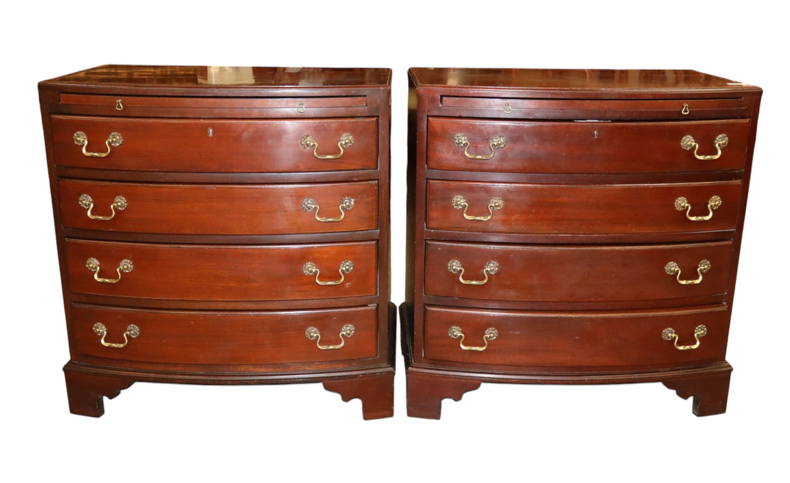 Vintage Link Taylor Heirloom over-sized nightstands: Pair of vintage Link Taylor Furniture Heirloom Collection solid mahogany 4 drawer bow front over-sized nightstands with key, original finish, structurally sound and in good condition with slight wear 