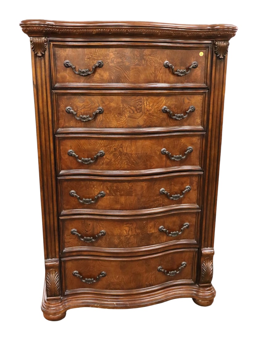 Impressive contemporary high chest: Impressive contemporary carved 6 drawer high chest in the burled walnut antique finish by American Signature Furniture, original finish, structurally sound and in good condition with cedar lined botto