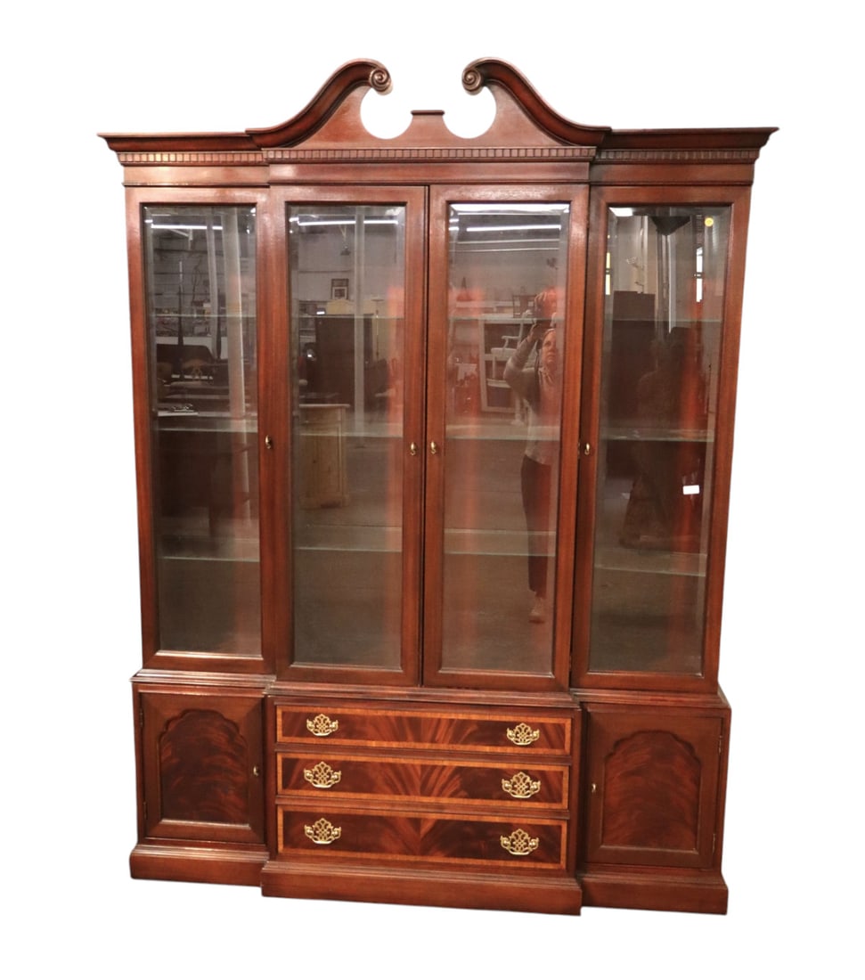 Vintage Hickory White American 2pc China Cabinet: Vintage Hickory White Furniture American Masterpiece Collection 2 piece china cabinet with 3 drawer 2 door base in burl mahogany and satinwood banding with 4 door beveled glass top, 9 adjustable glass