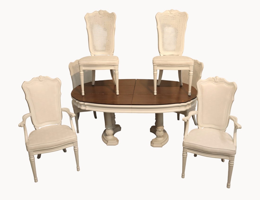 Vintage 7pc country French white dining set: Vintage 7 piece country French dining set in professional white painted finish, custom glass top that has chips, table pads and (2) 20" leaves, 6 dining chairs, structurally sound and in good conditio