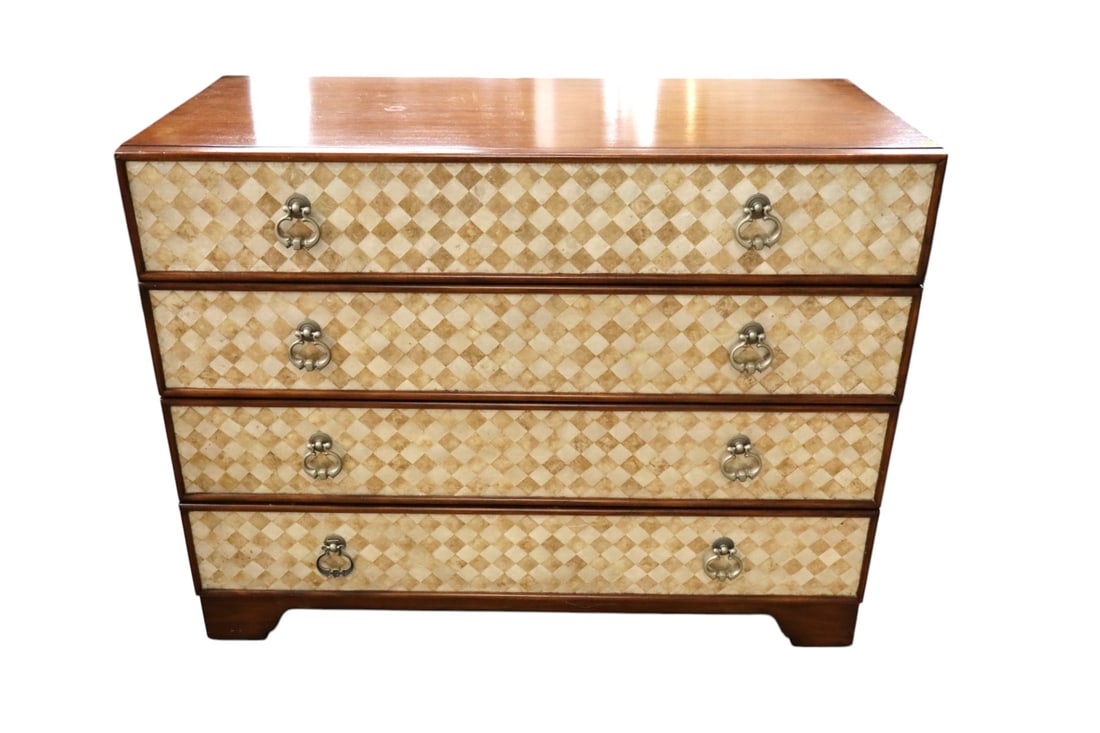 Butler Furn mosaic style drawer decorator chest: Butler Furniture 4 drawer decorator chest with mosaic style drawer fronts in a natural mahogany finish top and sides, original finish, structurally sound and in good condition. 31.5"h x 40"l x 18.5"d