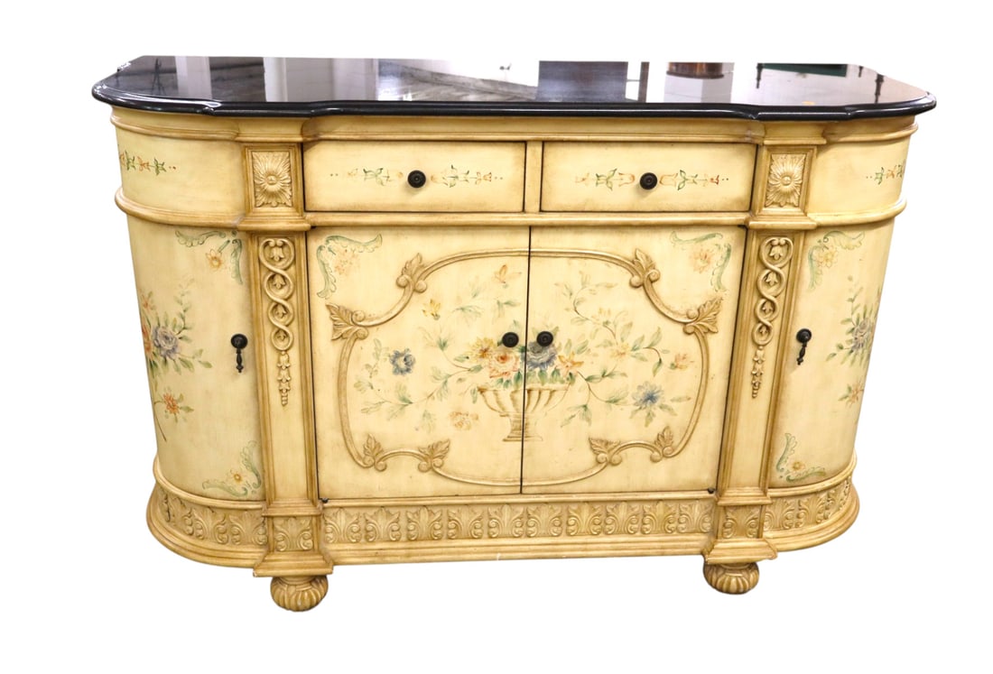Granite top designer painted decorator buffet: Paint decorated granite top designer decorator buffet with 4 doors and 2 drawers, original finish, structurally sound and in good condition. 37.5"h x 60"l x 22"d