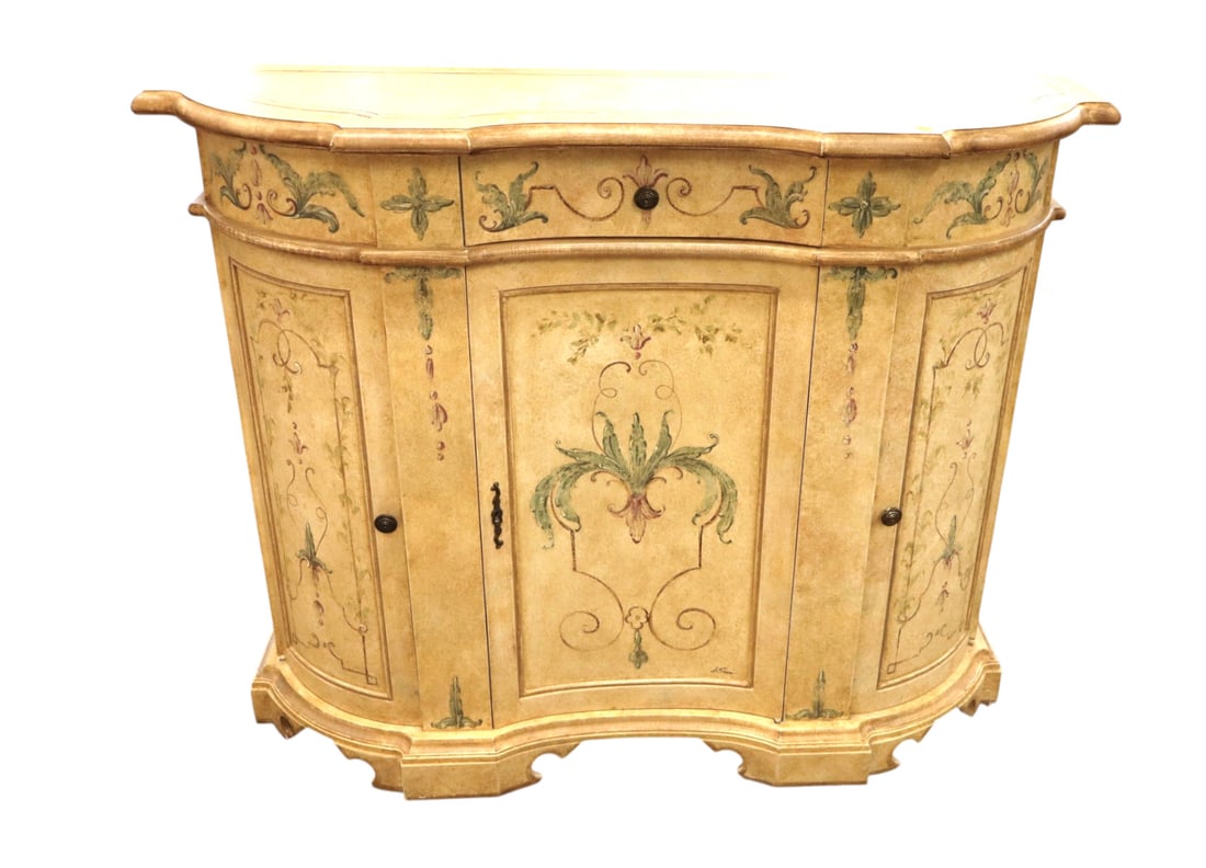 Tuscan paint decorated crafted in Italy chest: Tuscan style decorator chest hand crafted in Italy, paint decorated 3 door 1 drawer, original paint, structurally sound and in good condition. 34.5"h x 44"l x 13"d